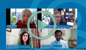 A screencap of four speakers on a webinar with a green play sign overlain. 
